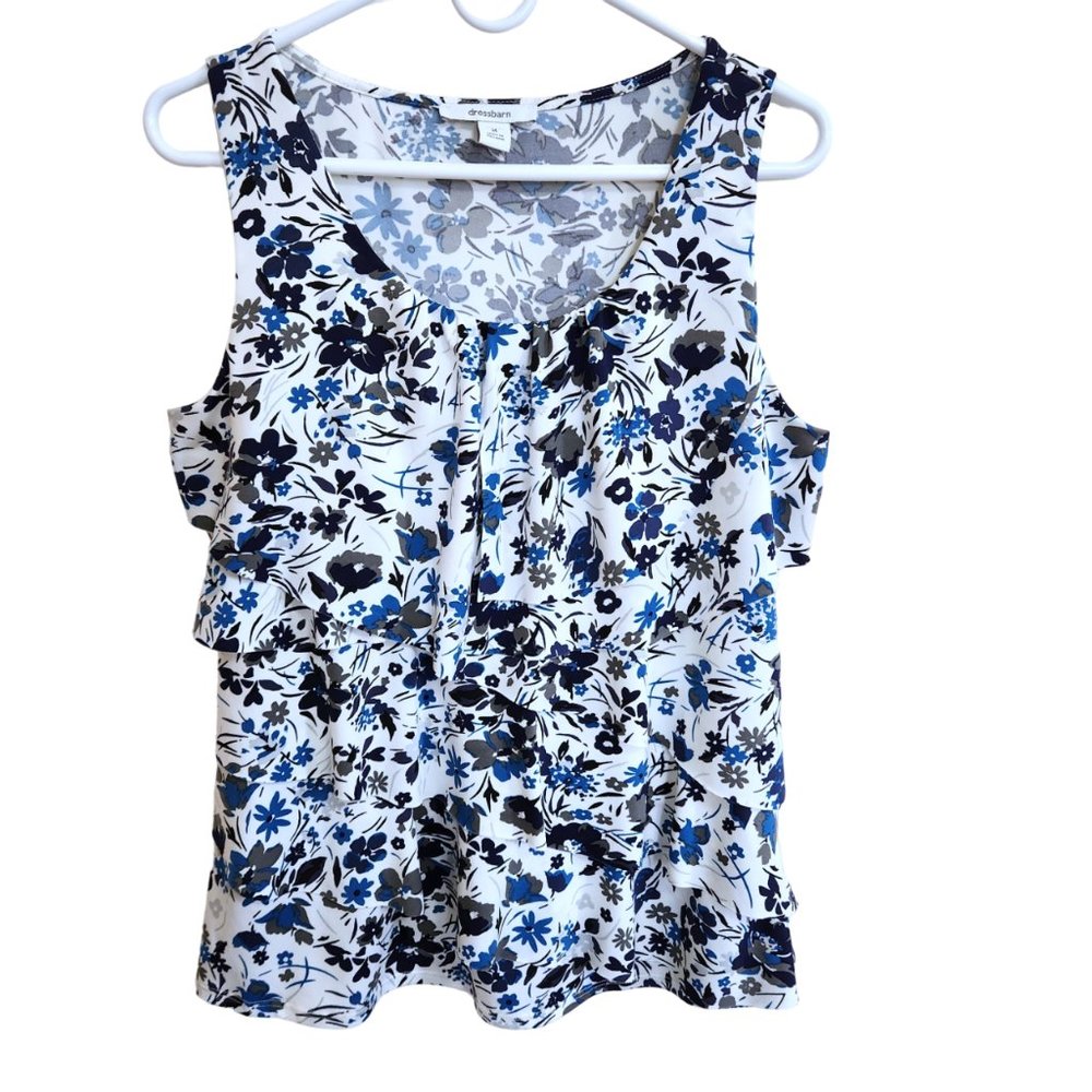 Dress Barn Sleeveless Tiered Front Scoop Neck Blue White Black Blouse Size M